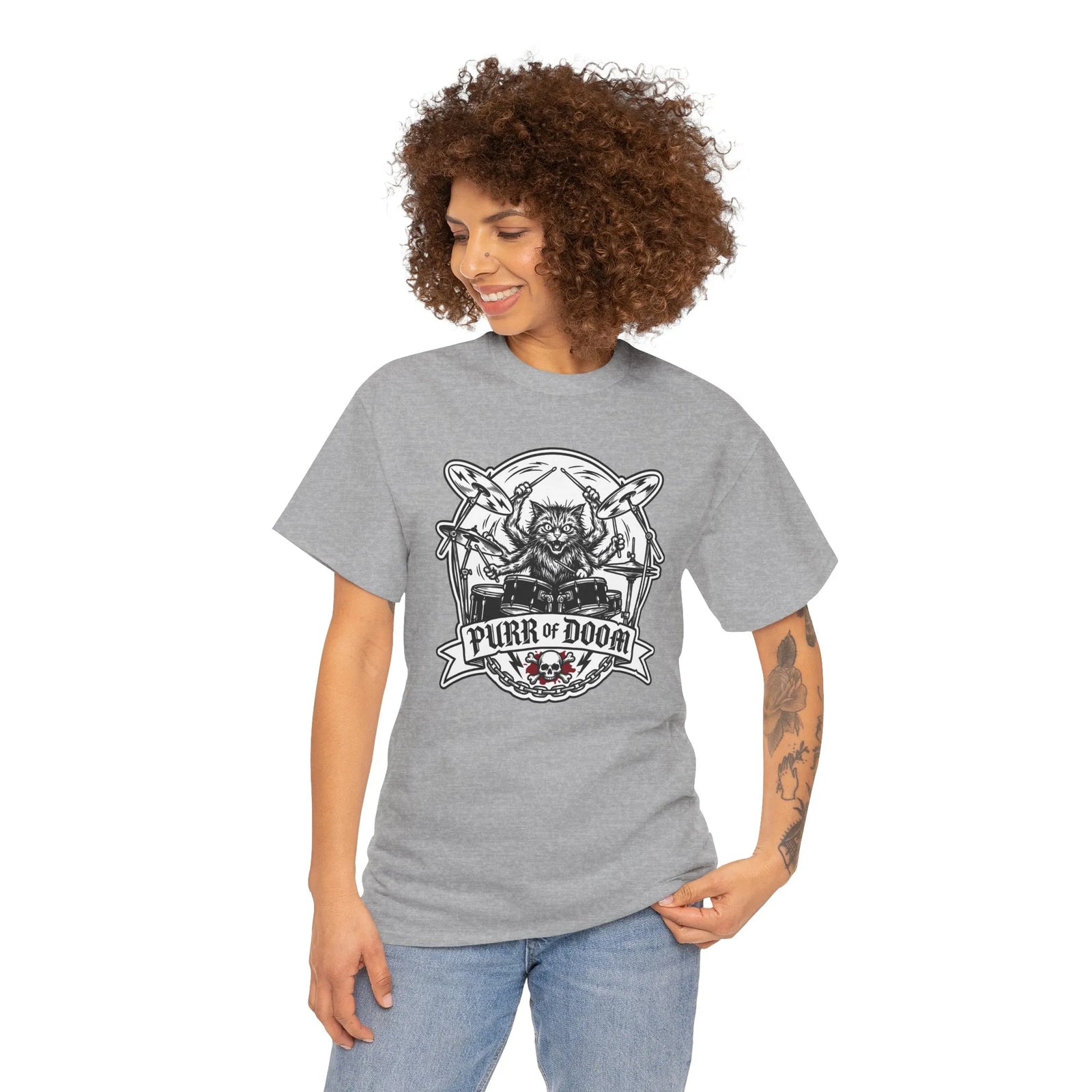 Heavy Metal Rocker Cat Drummer T-Shirt - Heavy Cotton Classic Fit Tee - Unisex White