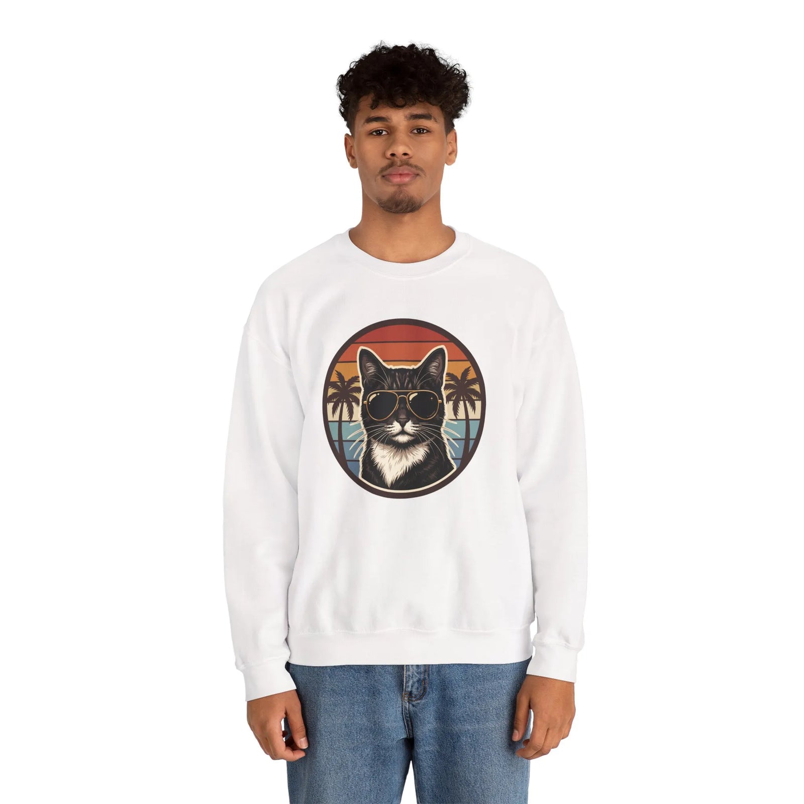 Tuxedo Cats 70s Sunset Sweatshirt - Heavy Blend Fleece Crewneck - Unisex White