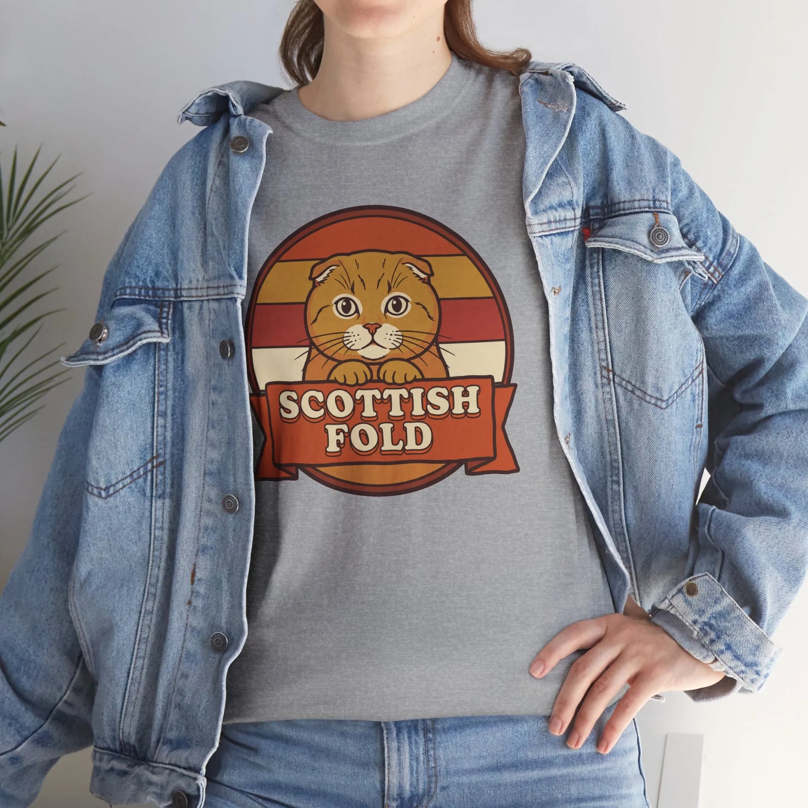 Scottish Fold Retro Sunset T-Shirt - Heavyweight Cotton Classic Fit - Unisex White