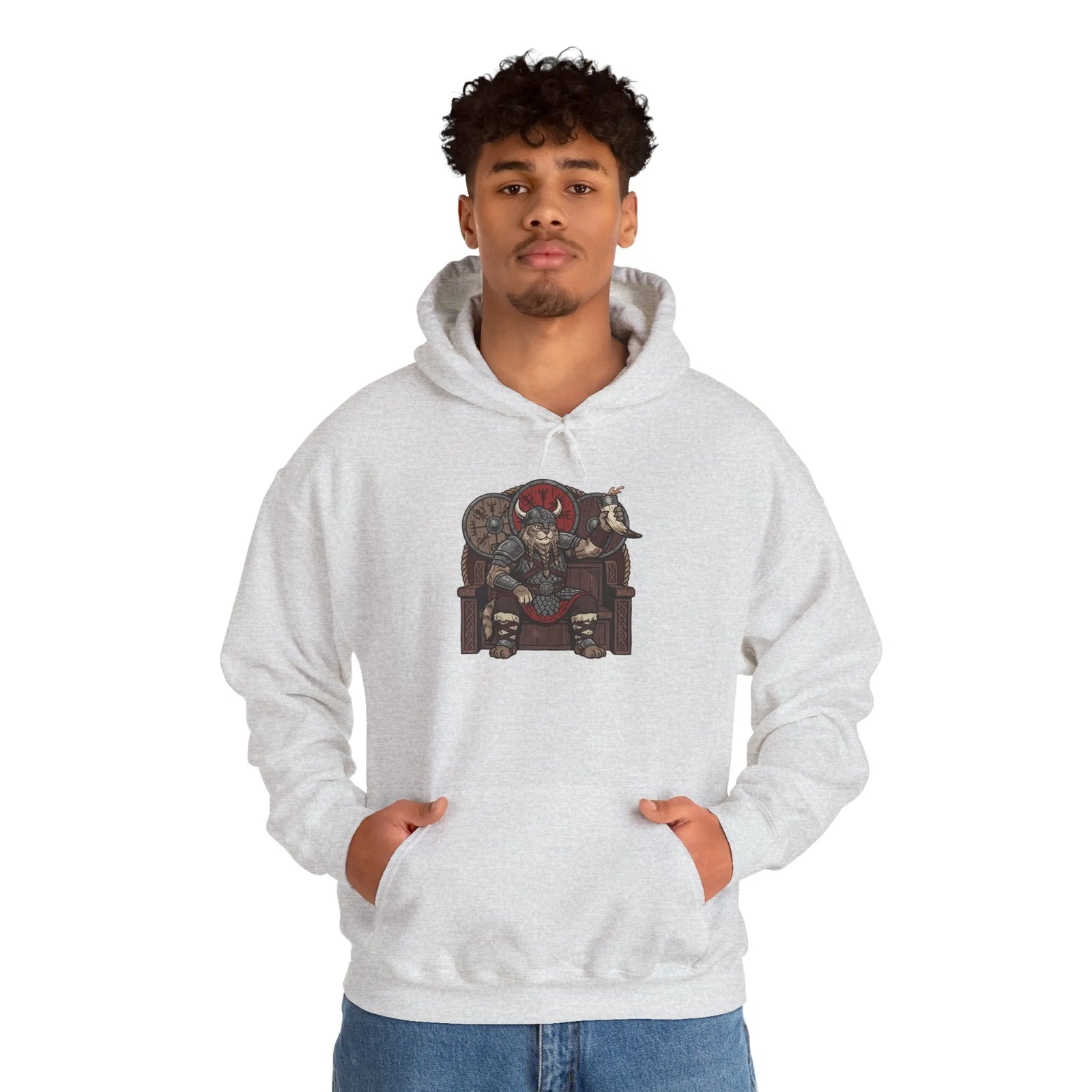 Viking Berserker Cat Graphic Hoodie - Cozy Heavy Blend Fleece Pullover - Unisex Sport Grey