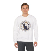 Moon Phases Sacred Geometry Cat Sweatshirt - Heavy Blend Cotton Polyester Crewneck - Unisex White