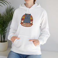 British Shorthair Retro Sunset Hoodie - Cozy Cotton Blend Pullover - Unisex White