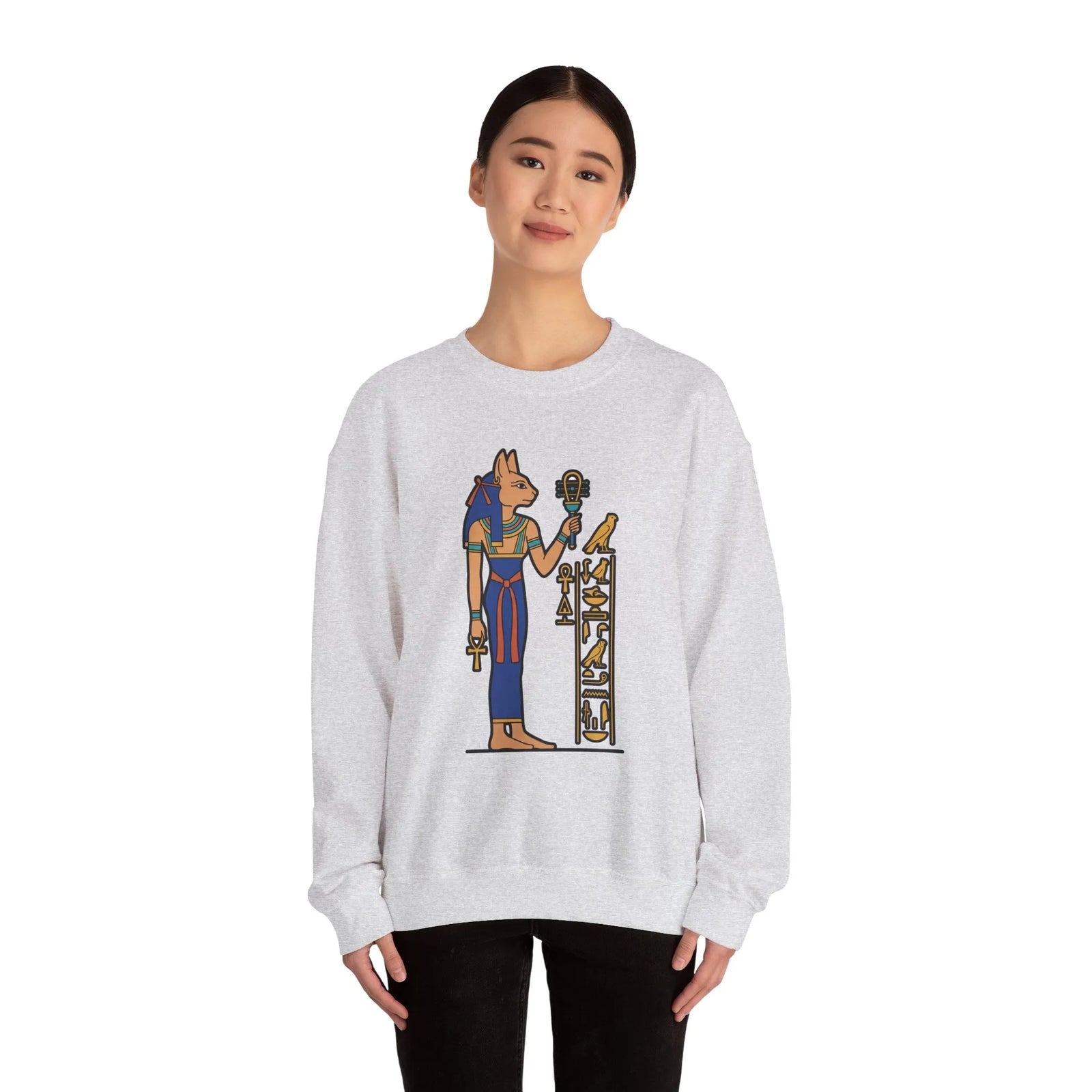 Bastet Sphynx Egyptian Cat Sweatshirt - Heavy Blend Fleece Crewneck - Unisex Ash Gray