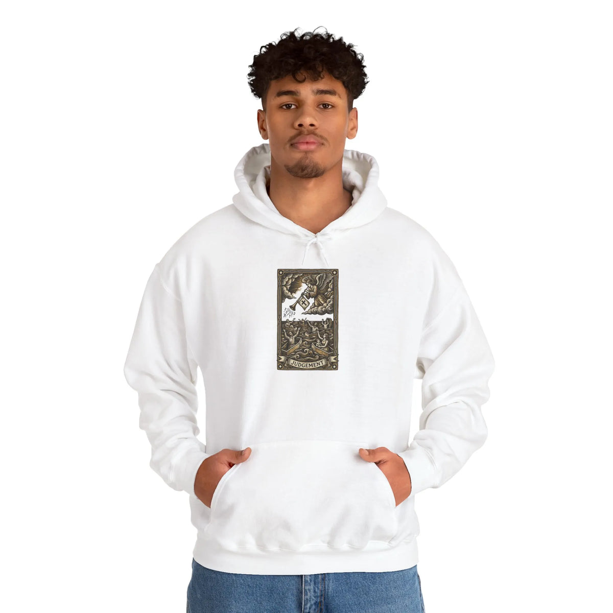 Judgement Tarot Card Graphic Hoodie - Heavyweight Cotton Blend Pullover - Unisex White