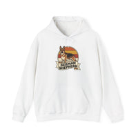German Shepherd Retro Sunset Hoodie - Soft Cotton-Poly Blend Fleece - Unisex White