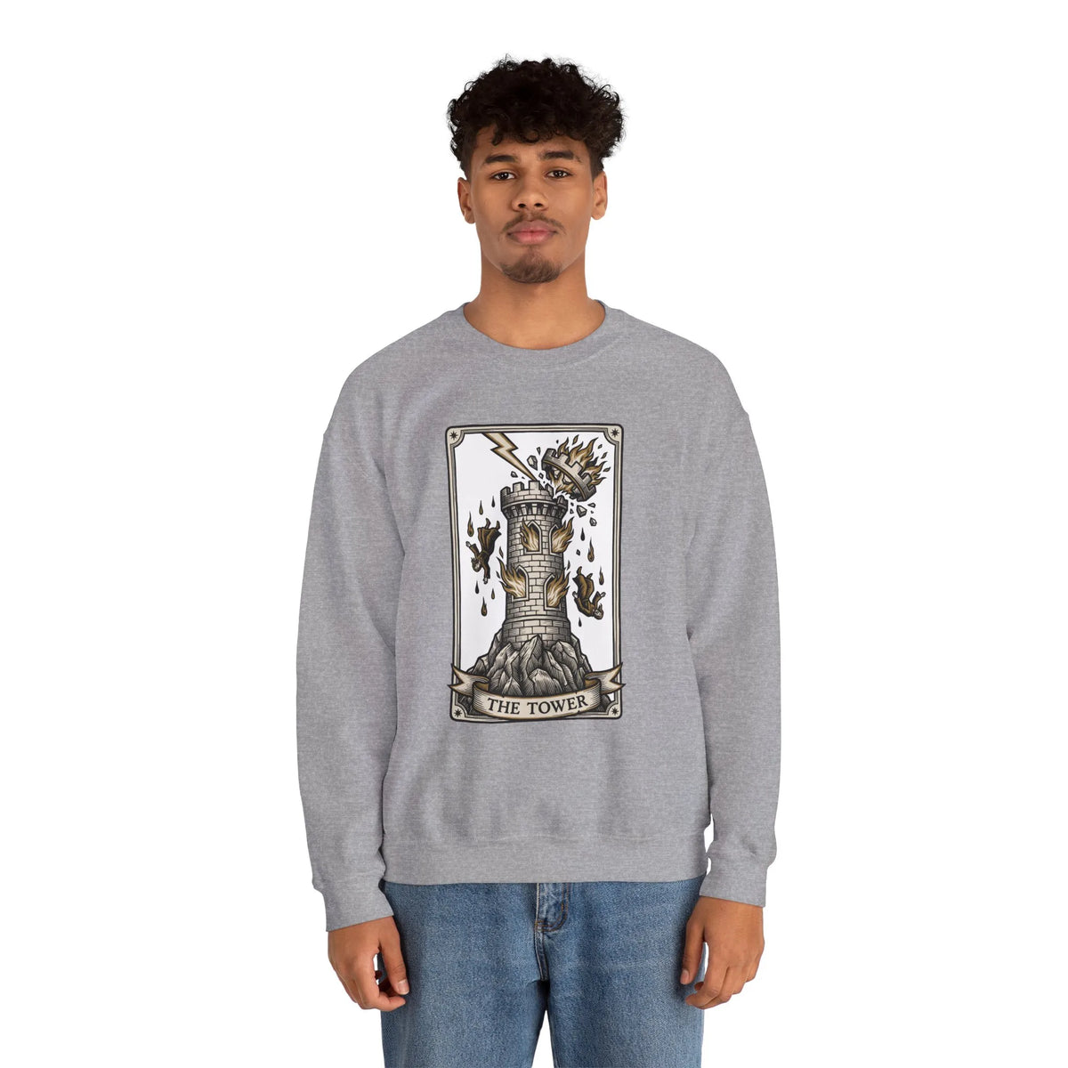 The Tower Tarot Card Sweatshirt - Heavy Blend Fleece Crewneck - Unisex White