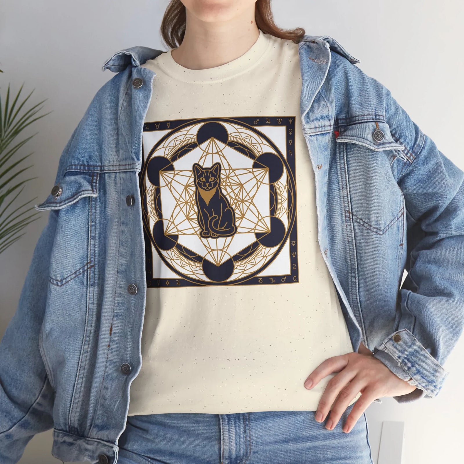 Metatron's Cat Sacred Geometry T-Shirt - Heavyweight Cotton Classic Fit Tee - Unisex White