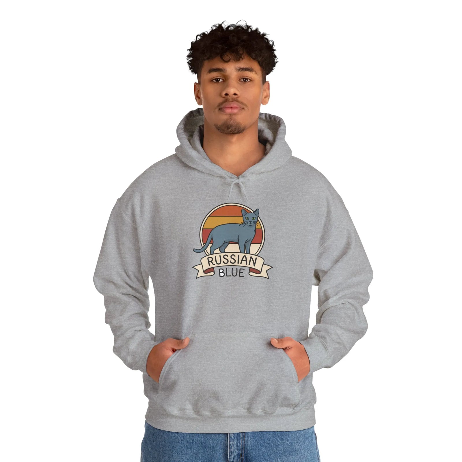 Russian Blue Cat Retro Sunset Hoodie - Heavy Blend Cotton Blend Pullover - Unisex White