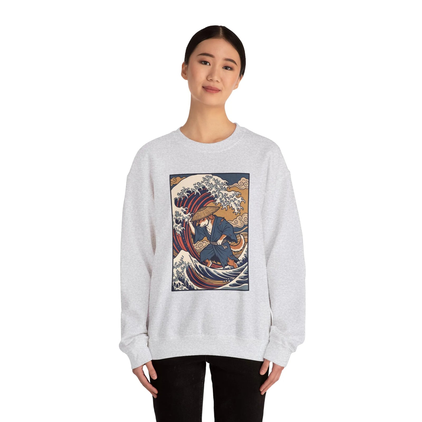 Ronin Wave Ukiyo-e Samurai Dog Sweatshirt - Heavyweight Cotton Blend Crewneck - Unisex White