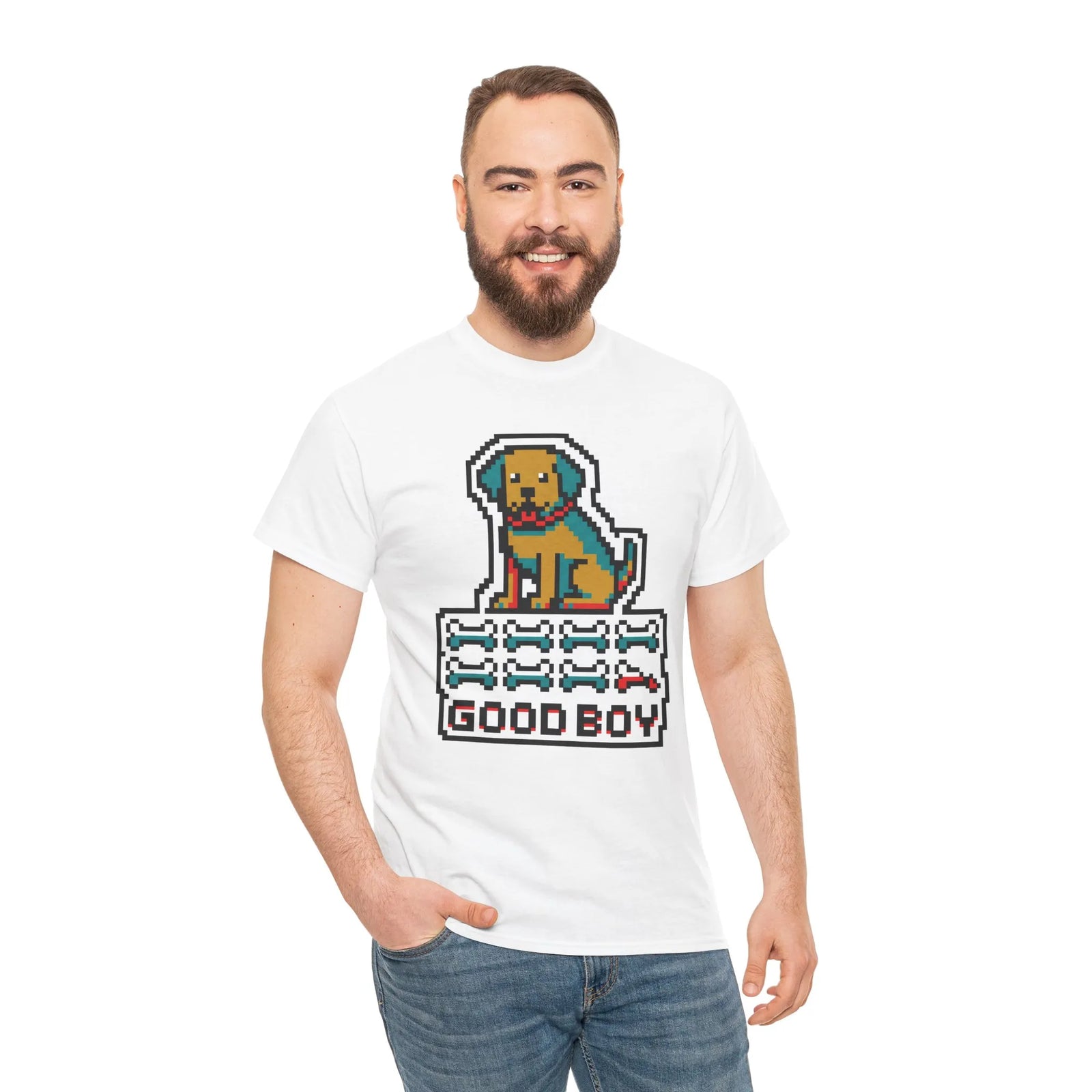 Good Boy 8-Bit Pixel Gaming Dogs T-Shirt - Heavy Cotton Classic Fit Tee - Unisex White