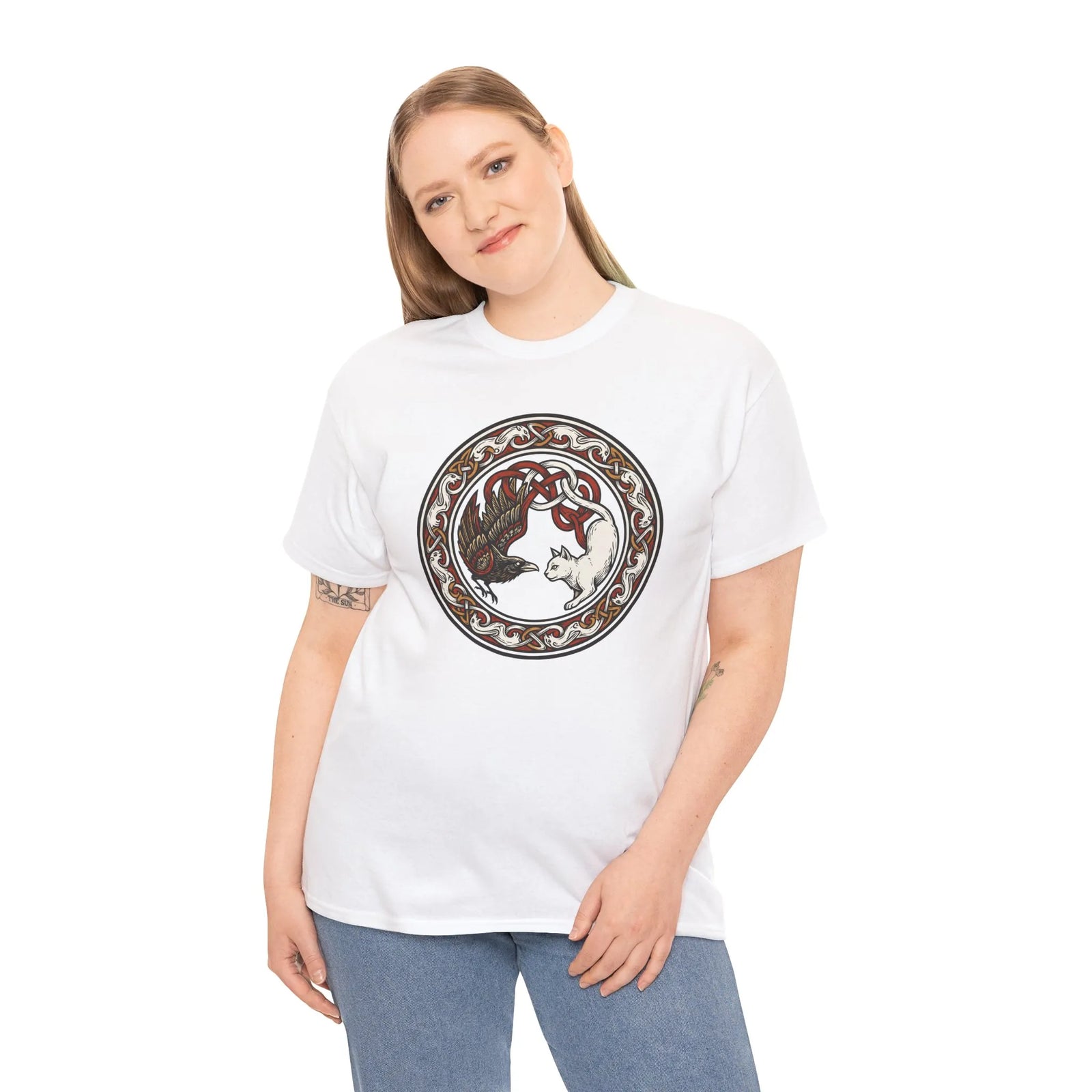 Norse Cat & Raven Woodcut T-Shirt - Heavy Cotton Classic Fit Tee - Unisex White