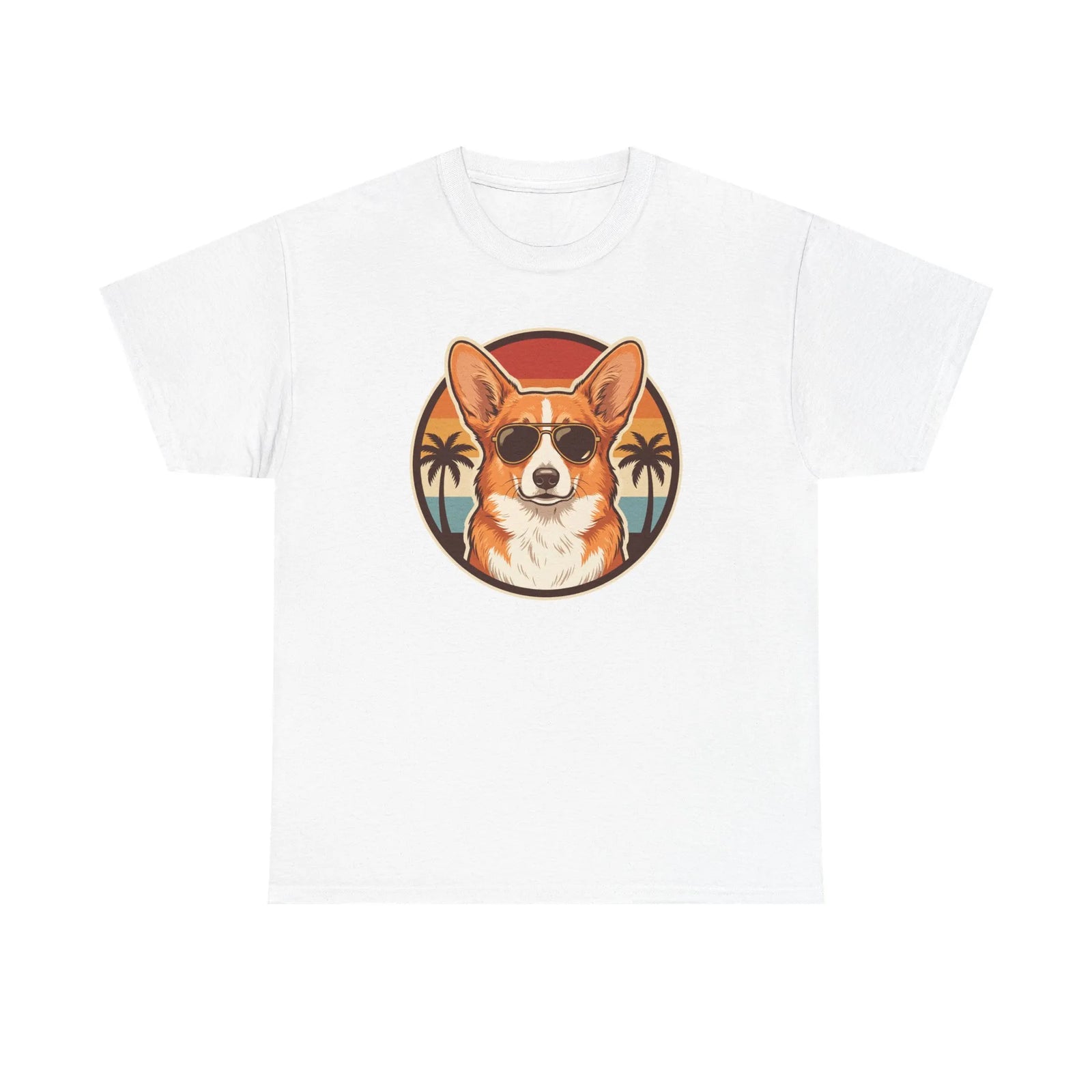 Cool Corgi Aviator Sunset T-Shirt - Heavy Cotton Classic Fit Tee - Unisex White