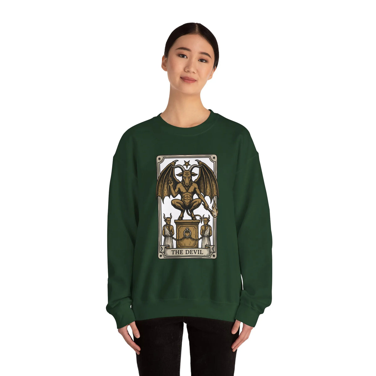 Devil Tarot Card Graphic Sweatshirt - Heavy Blend Fleece Crewneck - Unisex White