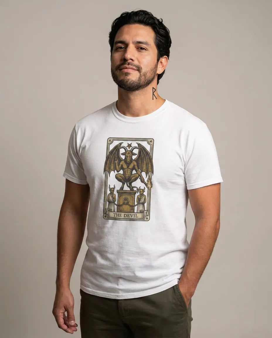 The Devil Tarot Card Graphic T-Shirt - Heavy Cotton Classic Fit Tee - Unisex White