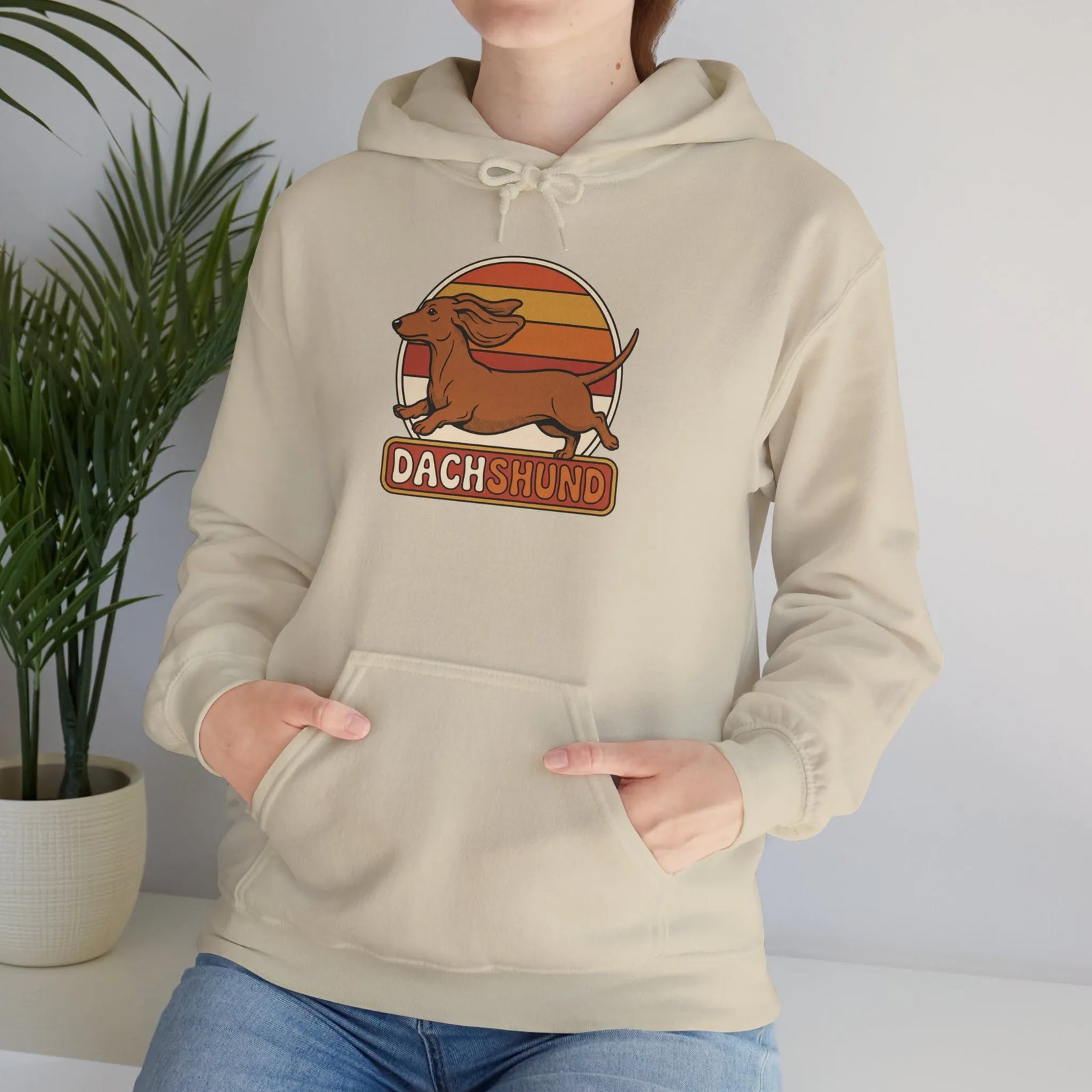 Dachshund Retro 70s Sunset Hoodie - Classic Fit Fleece Pullover - Unisex White