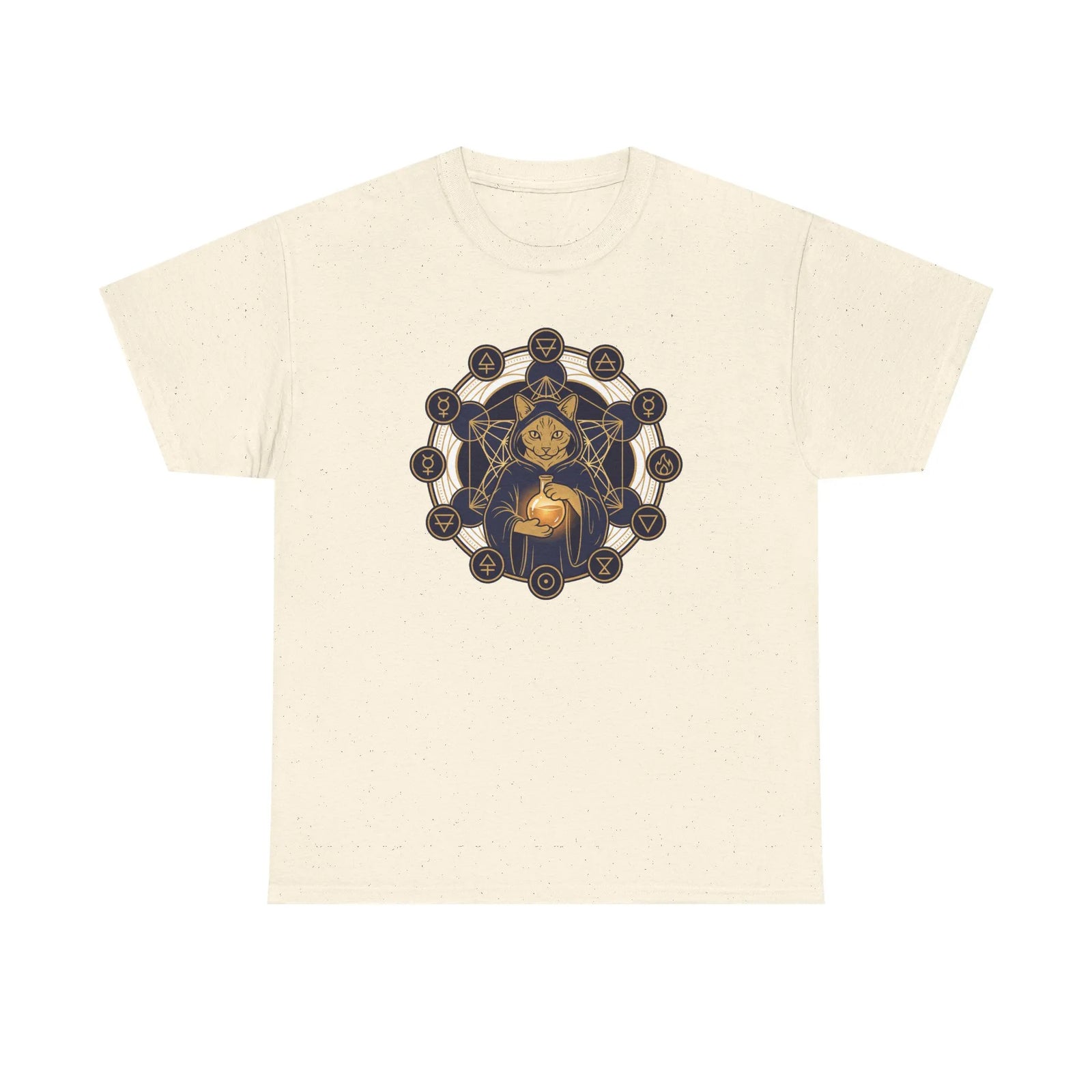 Alchemist Cat Sacred Geometry T-Shirt - Durable Heavy Cotton Tee - Unisex White