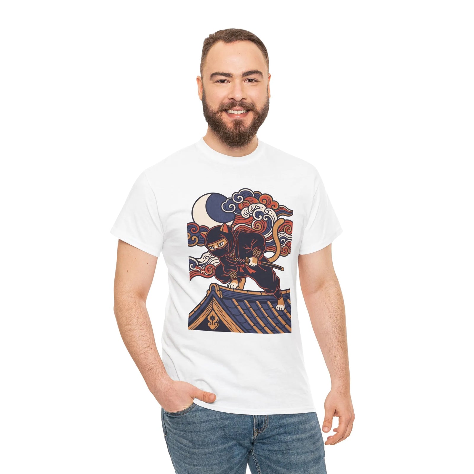 Ukiyo-e Samurai Cat Ninja T-Shirt - 100% Cotton Classic Fit Tee - Unisex White