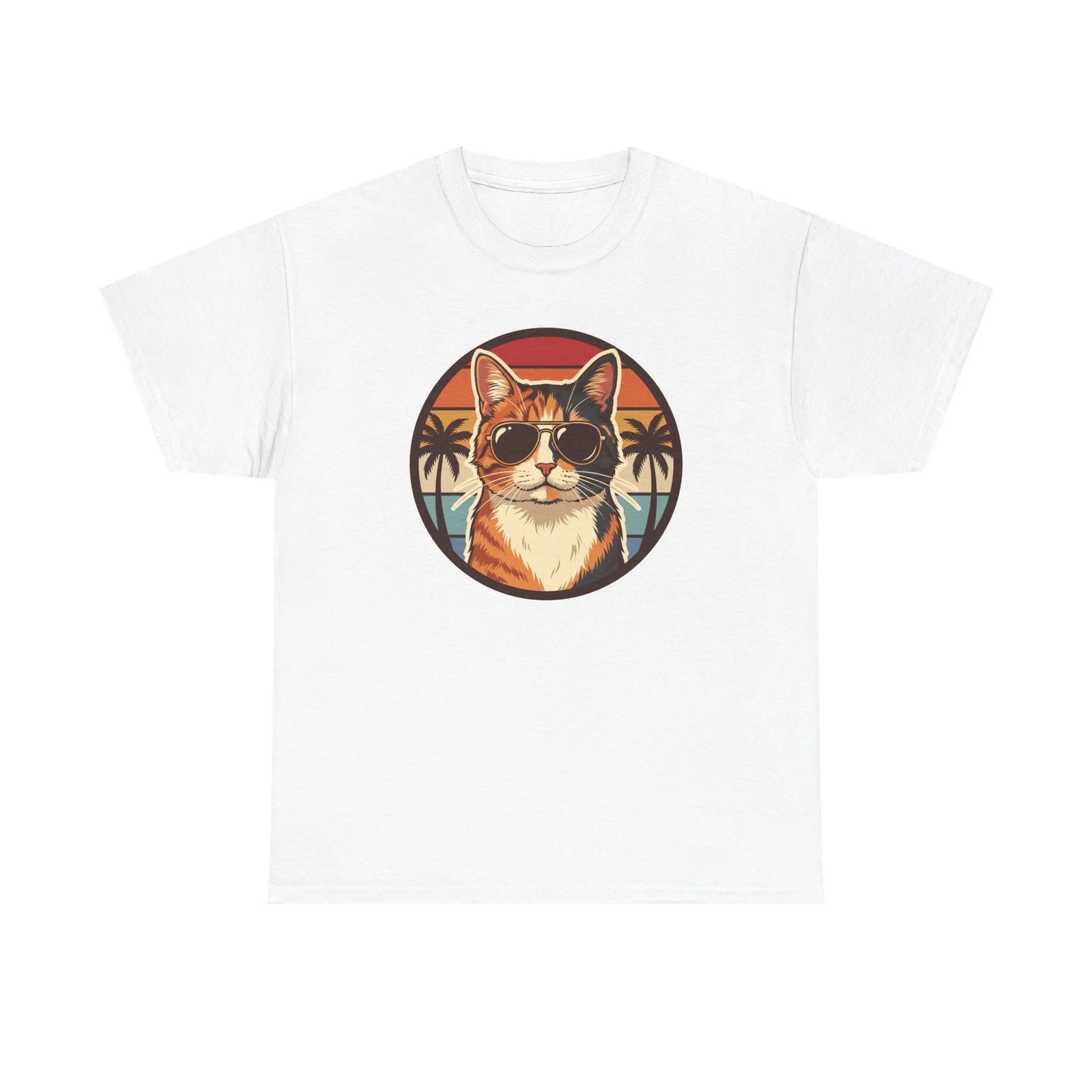 Calico Cool Cat Sunset Aviator T-Shirt - Heavy Cotton Classic Fit Tee - Unisex White