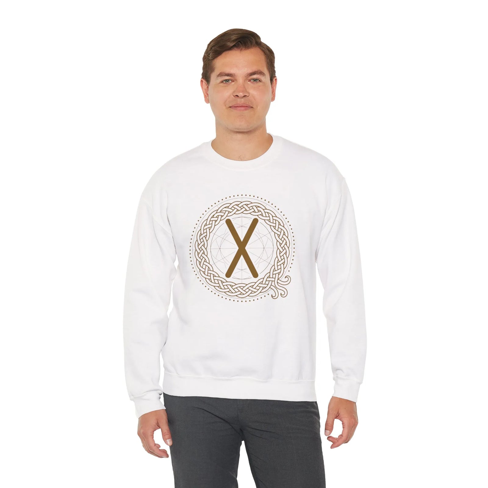 Gebo Rune Celtic Knotwork Sweatshirt - Classic Fit Fleece Crewneck - Unisex White