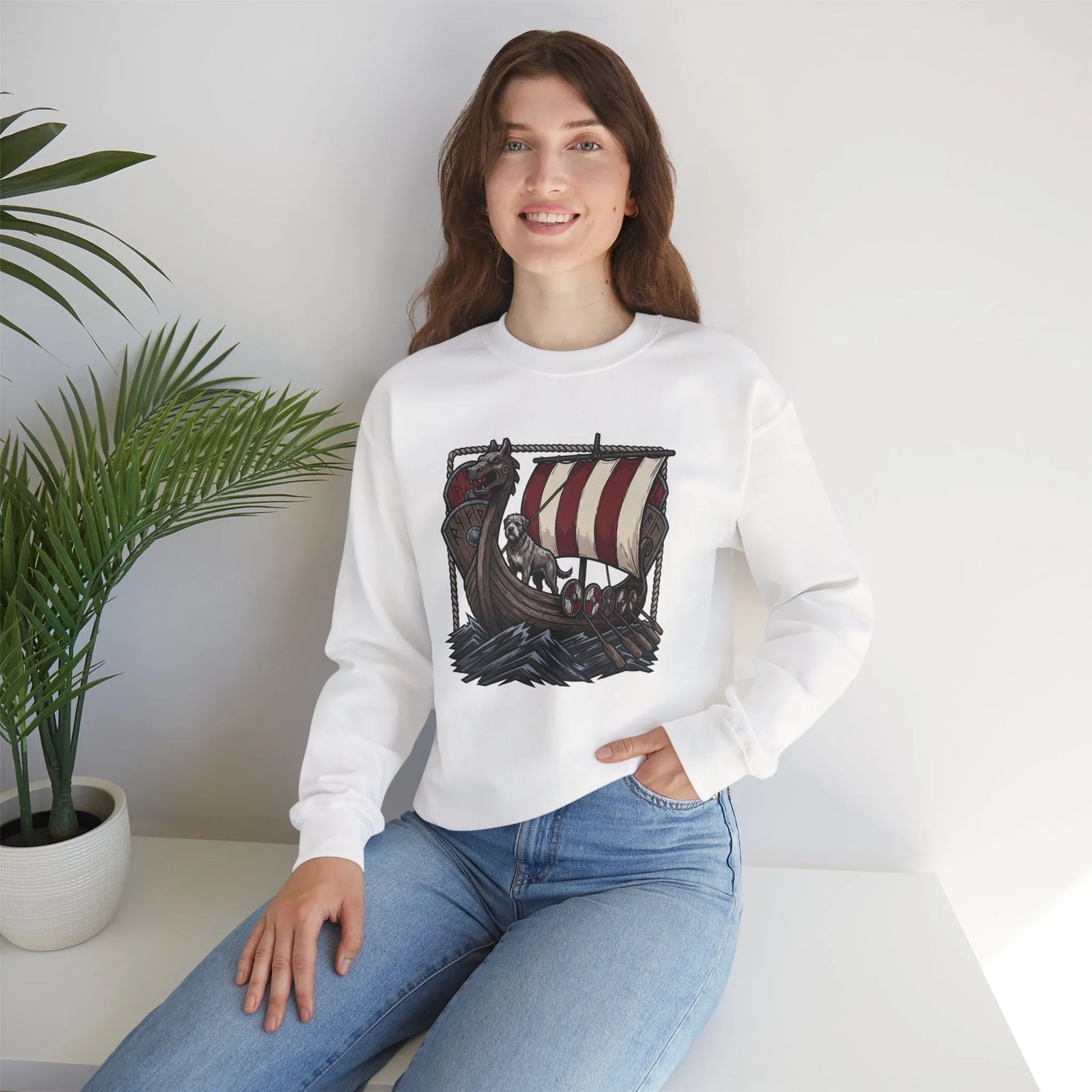 Viking Berserker Dogs Longship Prow Sweatshirt - Heavy Blend Cotton Poly Crewneck - Unisex White
