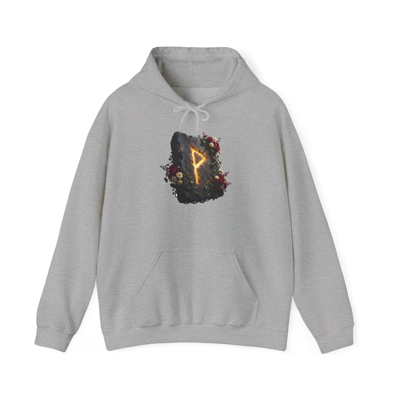 Wunjo Rune Floral Rock Graphic Hoodie - Warm Fleece Pullover Sweatshirt - Unisex White