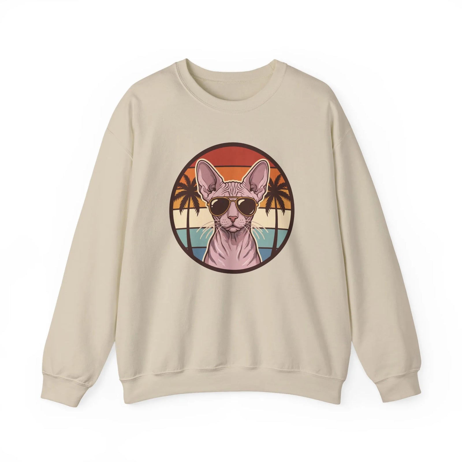Sphynx Cat 70s Sunset Aviator Sweatshirt - Heavyweight Cotton Blend Crewneck - Unisex White