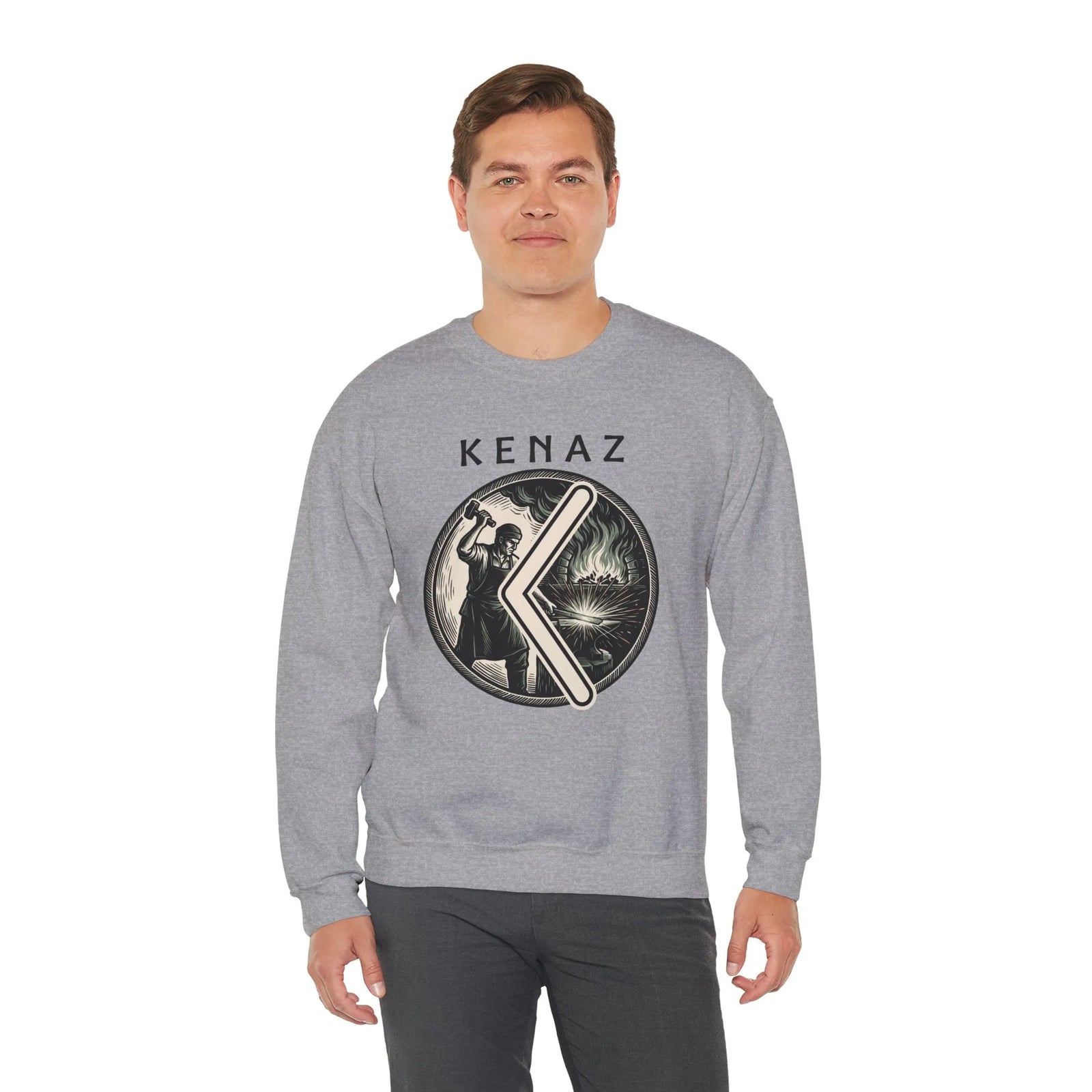 Kenaz Rune Blacksmith Forge Sweatshirt - Soft Cotton Blend Crewneck Fleece - Unisex White
