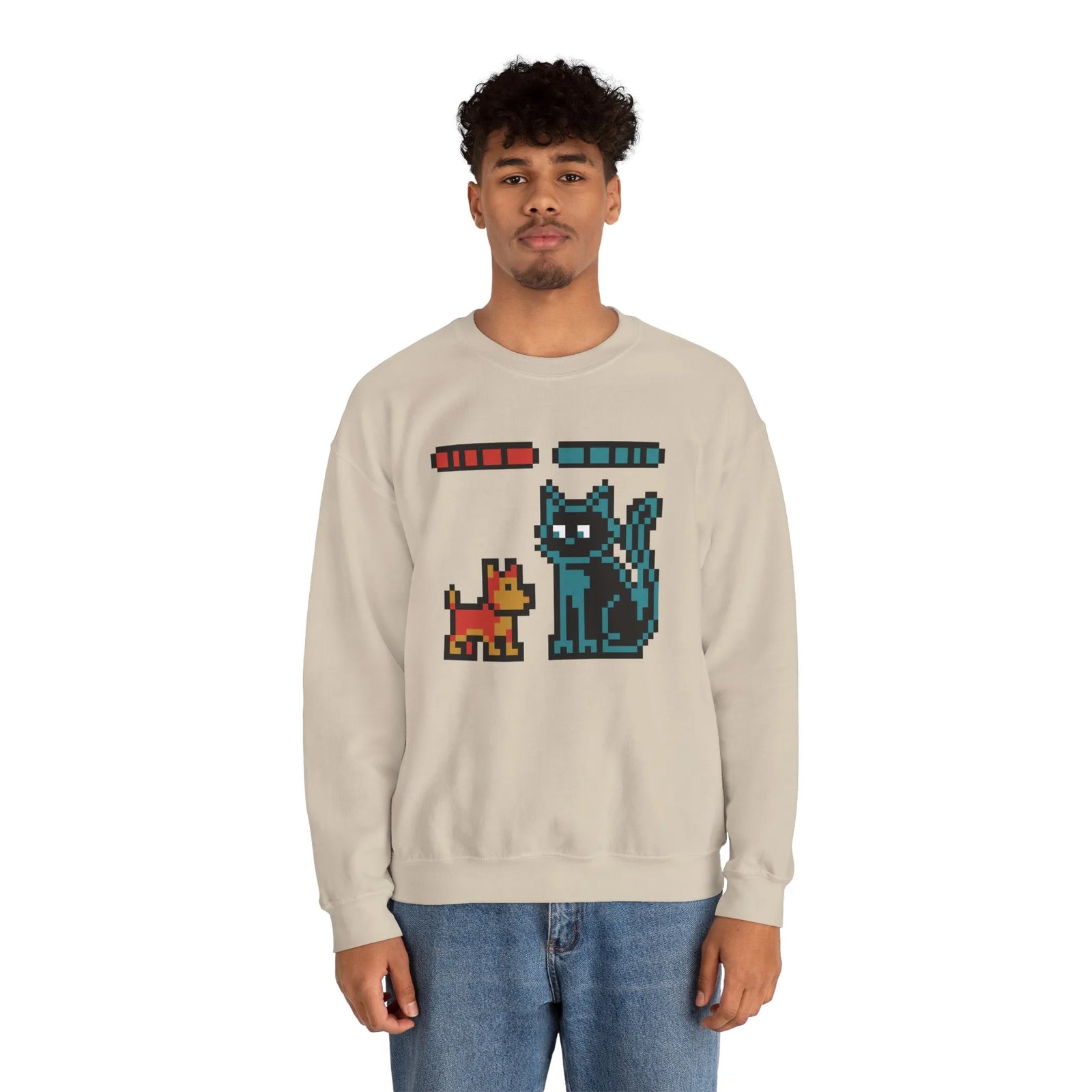 Pixel Gaming Dogs Boss Fight Sweatshirt - Heavy Blend Fleece Crewneck - Unisex White
