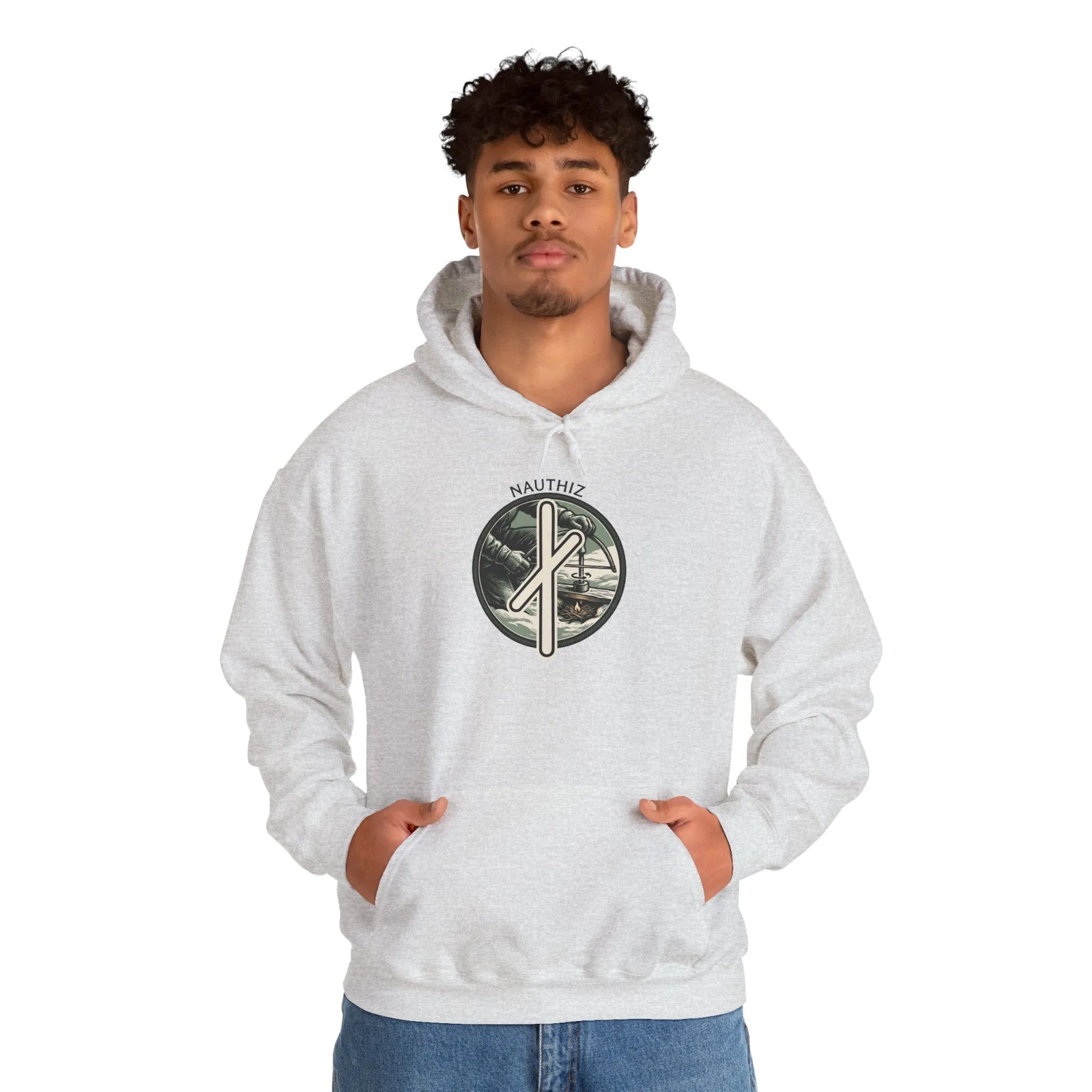 Nauthiz Rune Necessity Graphic Hoodie - Soft Cotton-Poly Fleece Pullover - Unisex White