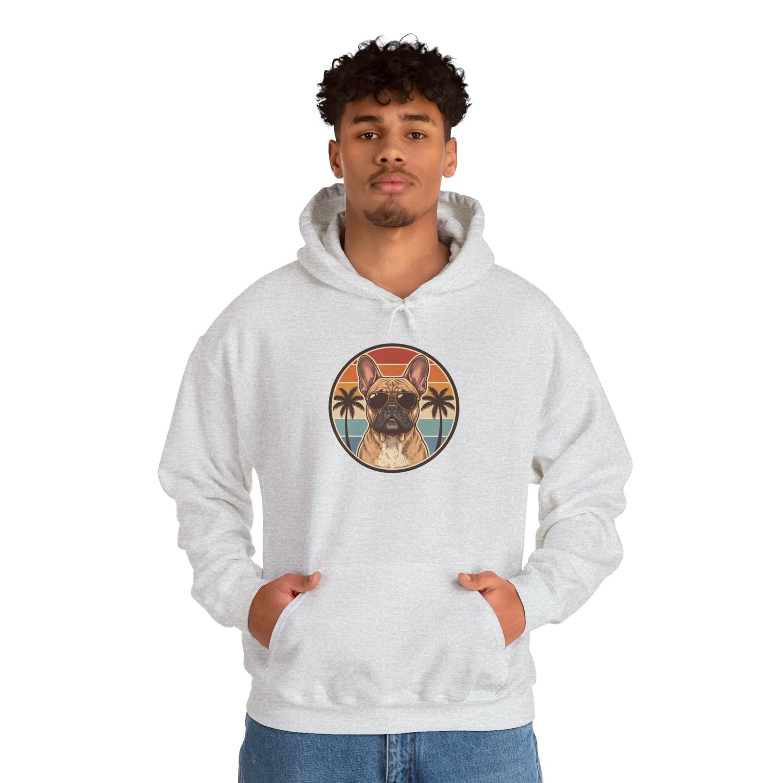 French Bulldog Sunset Aviator Hoodie - Soft Cotton Blend Fleece Pullover - Unisex White