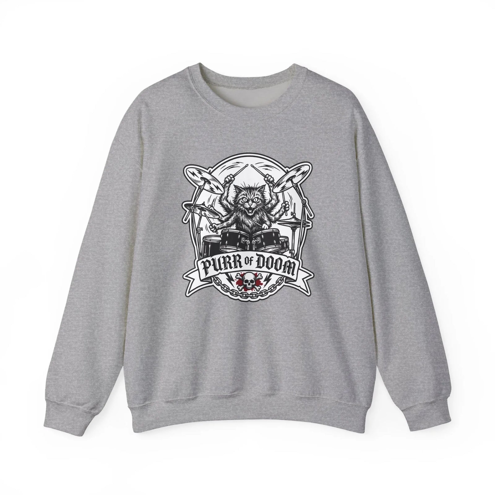 Heavy Metal Rocker Cats Drummer Sweatshirt - Heavy Blend Cotton Blend Crewneck - Unisex White