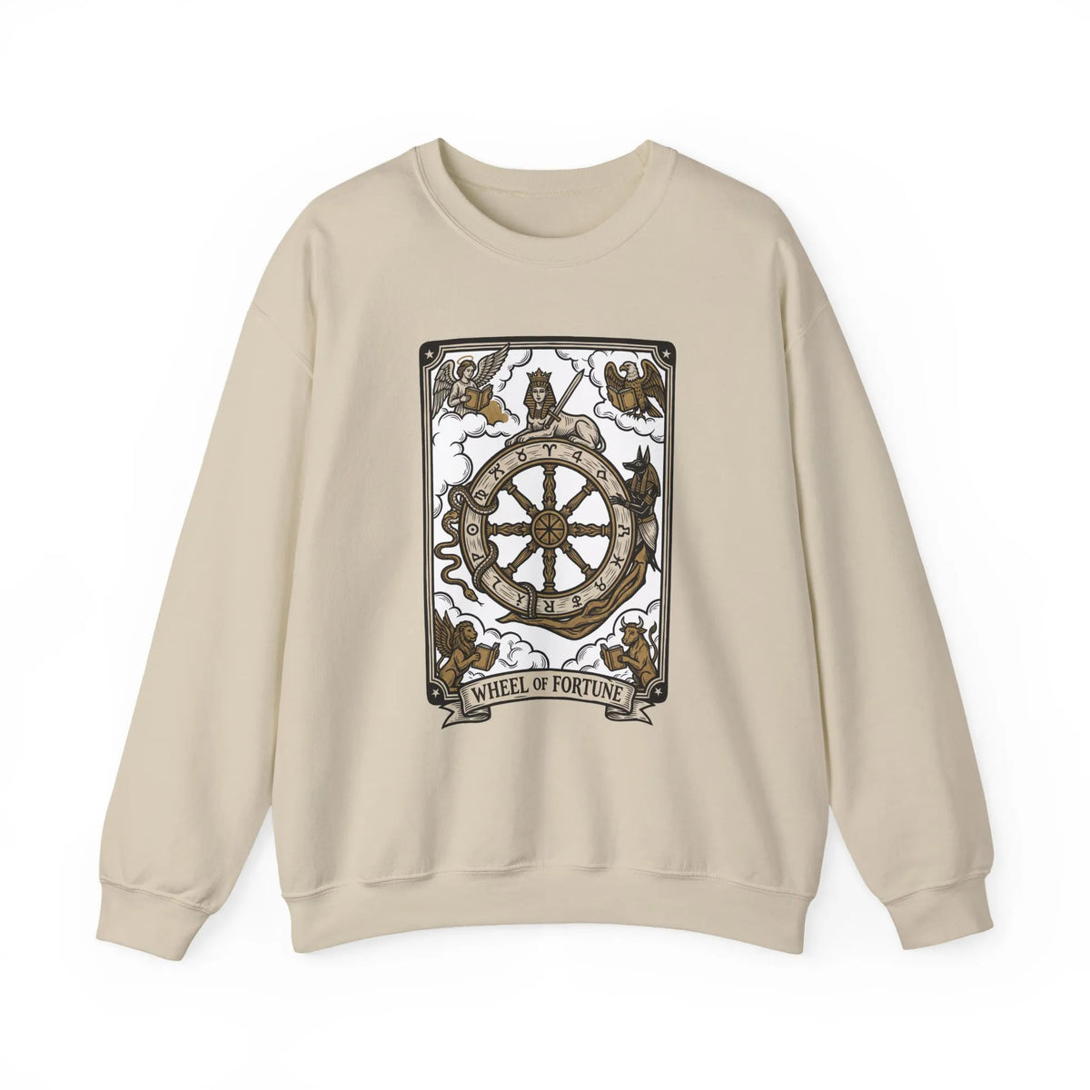 Wheel of Fortune Tarot Card Sweatshirt - Heavy Blend Crewneck Fleece - Unisex White