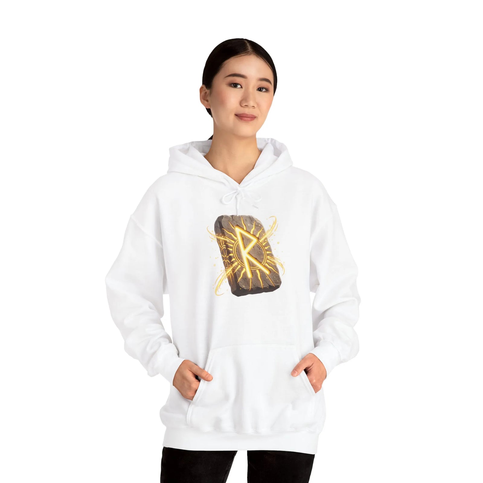 Raido Rune Journey Wheel Hoodie - Soft Cotton Blend Pullover Hooded - Unisex White
