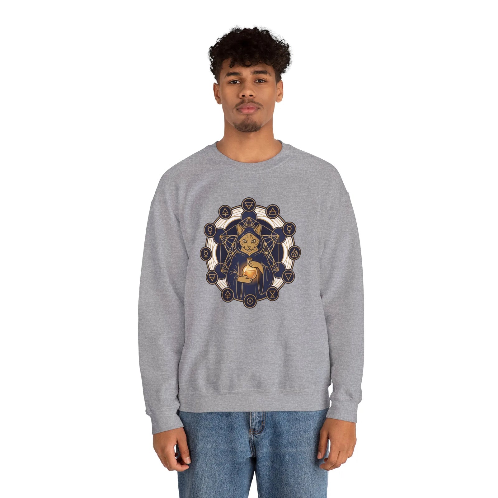 Sacred Geometry Alchemist Cat Sweatshirt - Heavy Blend Fleece Crewneck - Unisex White