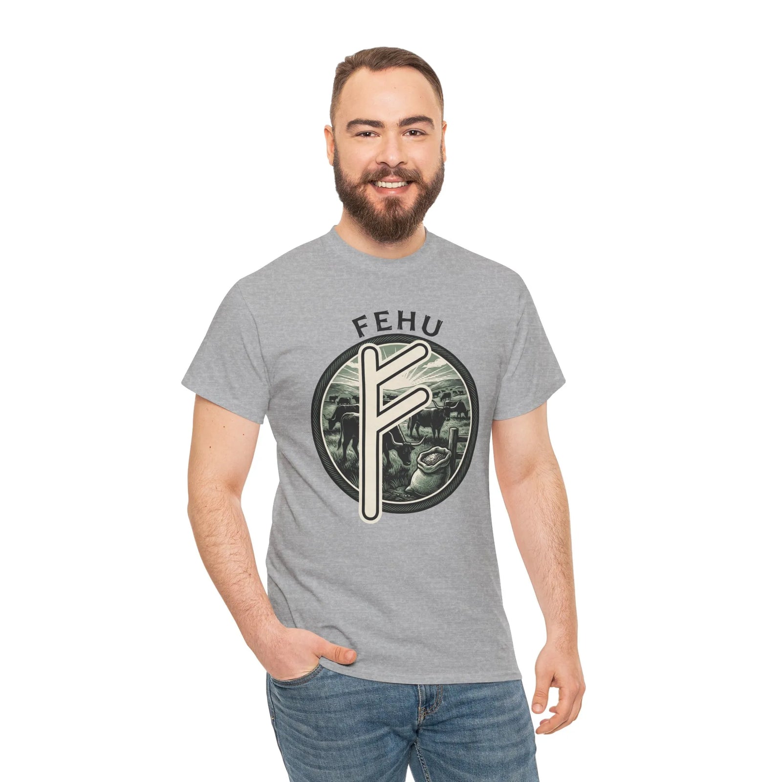 Fehu Rune Wealth Symbol T-Shirt - Heavy Cotton Classic Fit Tee - Unisex White