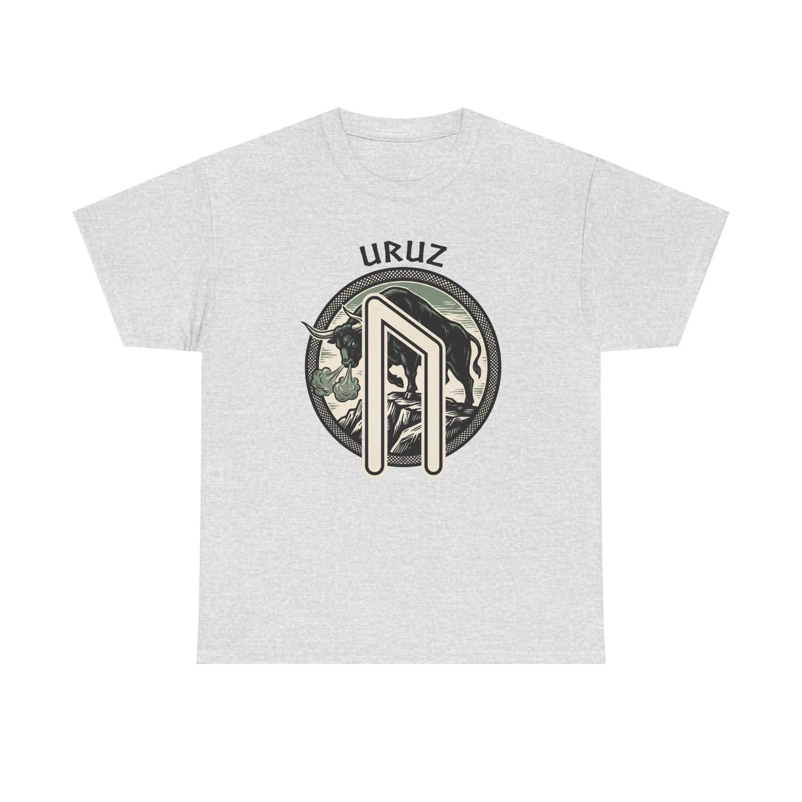 Uruz Runic Bull Graphic T-Shirt - Heavyweight Cotton Classic Fit Tee - Unisex White