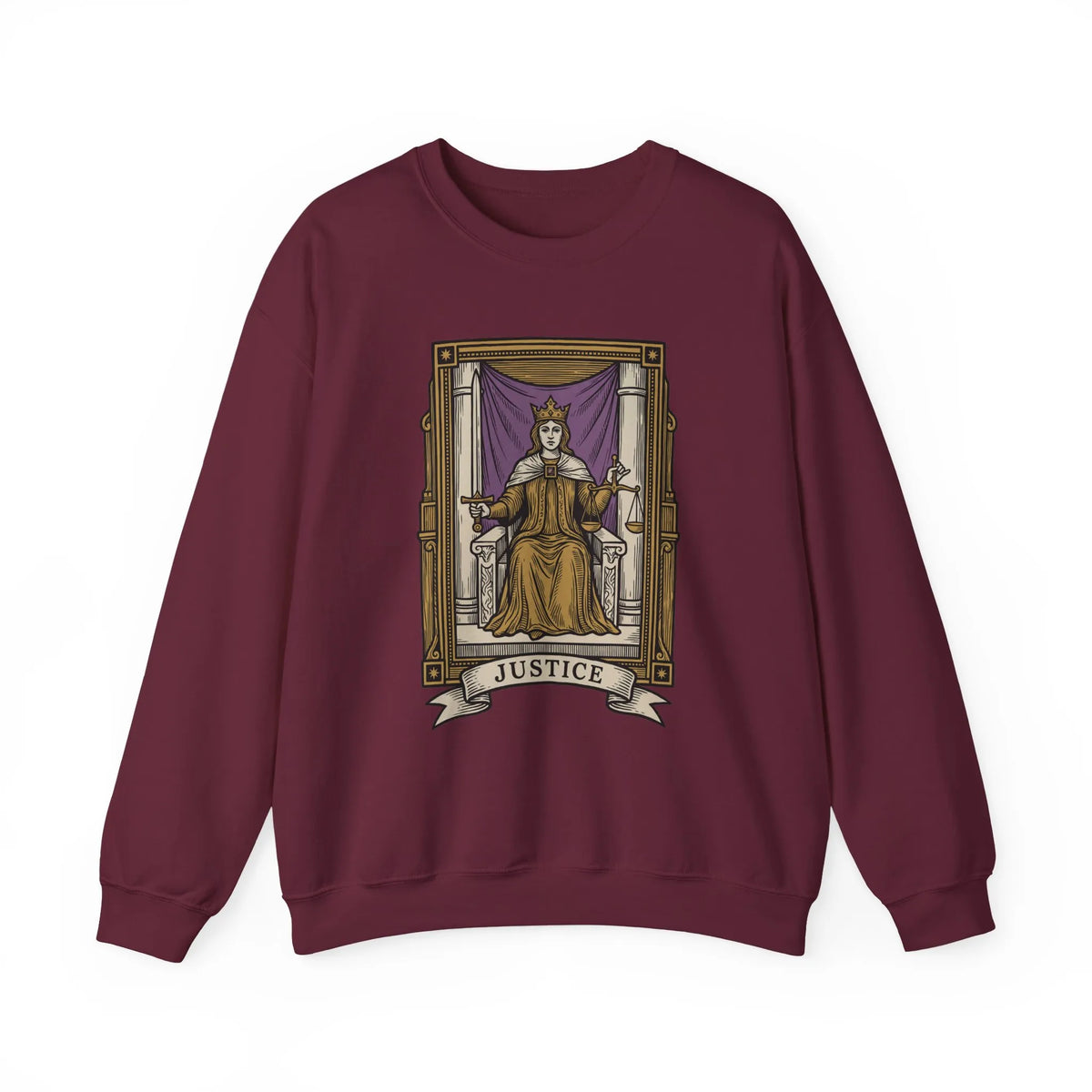 Justice Tarot Card Sweatshirt - Heavy Blend Cotton Poly Crewneck - Unisex White