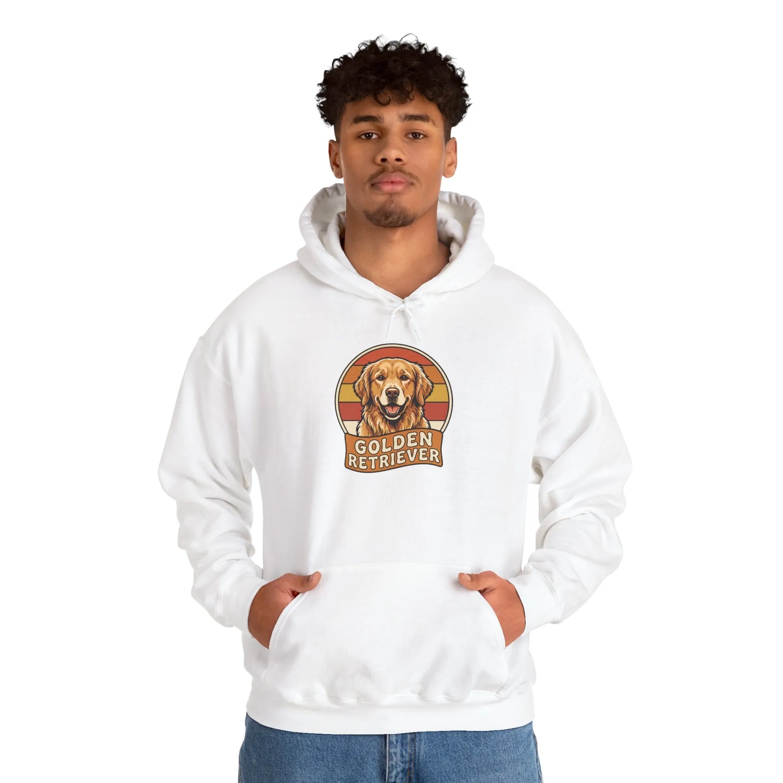 Golden Retriever Retro 70s Sunset Hoodie - Heavy Blend Fleece Pullover - Unisex White