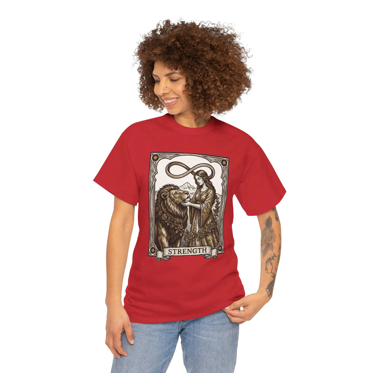 Tarot Strength Card Graphic T-Shirt - Heavy Cotton Classic Fit Crewneck - Unisex White