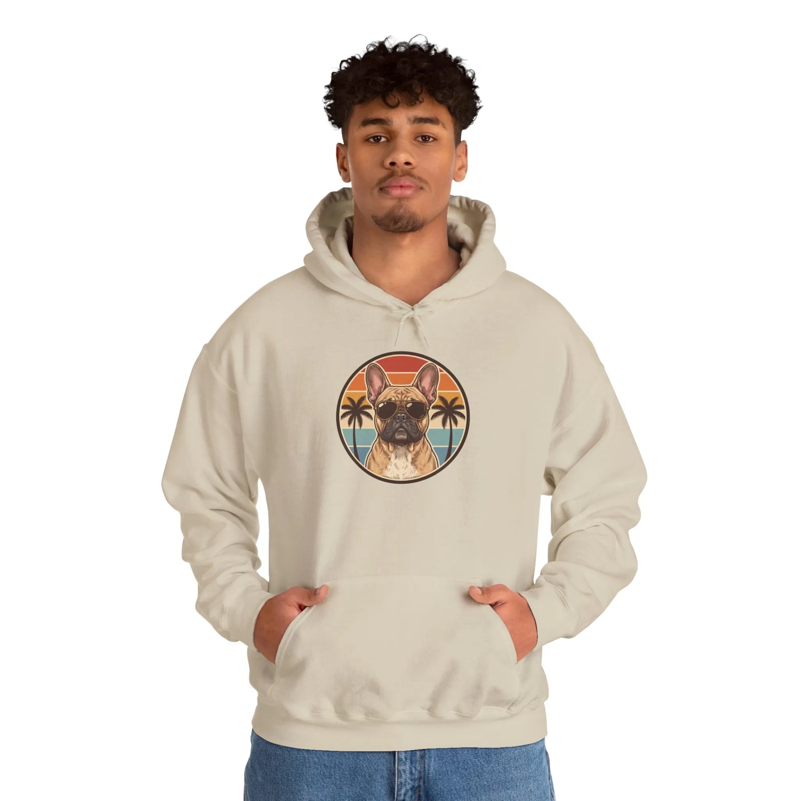French Bulldog Sunset Aviator Hoodie - Soft Cotton Blend Fleece Pullover - Unisex White