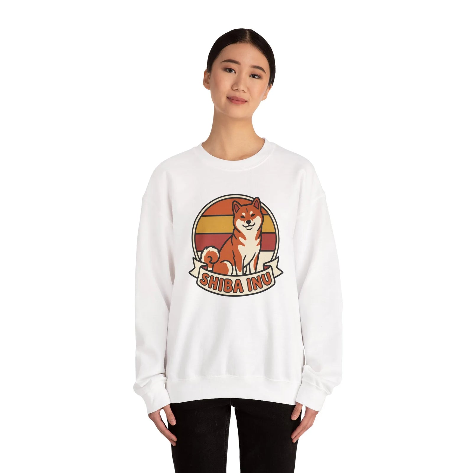 Shiba Inu Retro Sunset Graphic Sweatshirt - Heavy Blend Fleece Crewneck - Unisex White