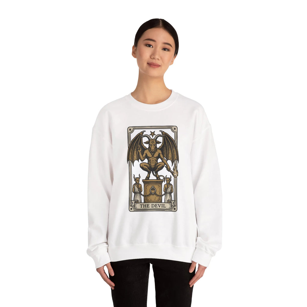 Devil Tarot Card Graphic Sweatshirt - Heavy Blend Fleece Crewneck - Unisex White
