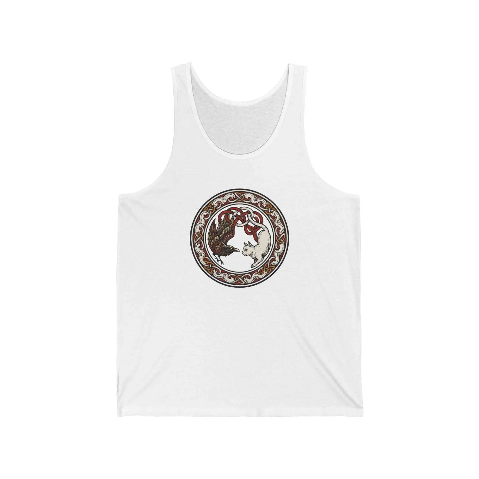 Cat and Raven Norse Woodcut Tank Top - Lightweight Ringspun Cotton Jersey - Unisex White