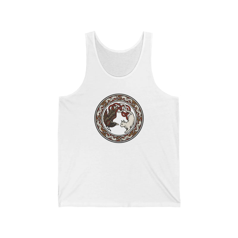 Cat and Raven Norse Woodcut Tank Top - Lightweight Ringspun Cotton Jersey - Unisex White