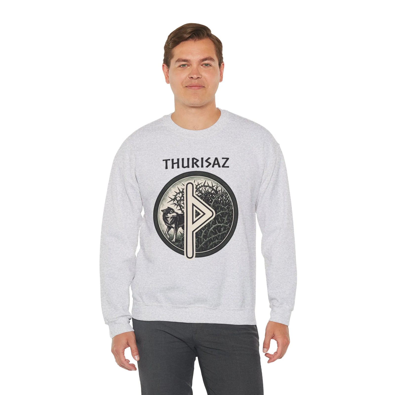Norse Thurisaz Rune Wolf Sweatshirt - Heavy Blend Fleece Crewneck - Unisex Off White