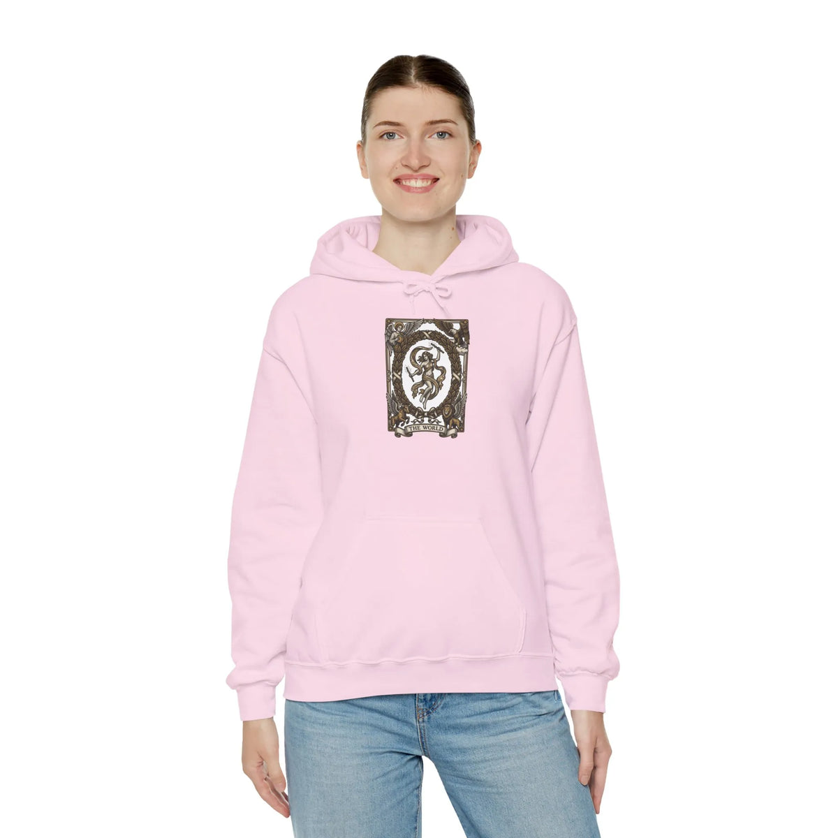 The World Tarot Card Graphic Hoodie - Heavyweight Cotton Blend Pullover - Unisex White