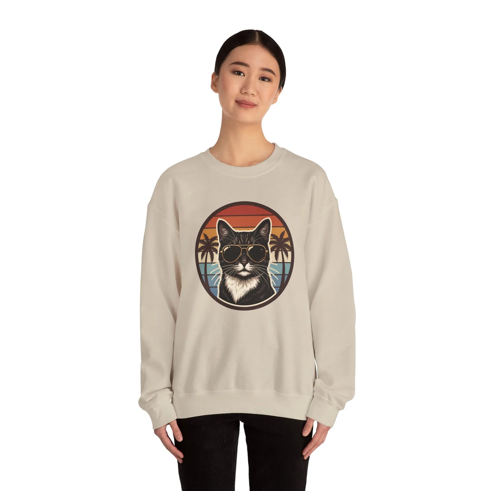 Tuxedo Cats 70s Sunset Sweatshirt - Heavy Blend Fleece Crewneck - Unisex White