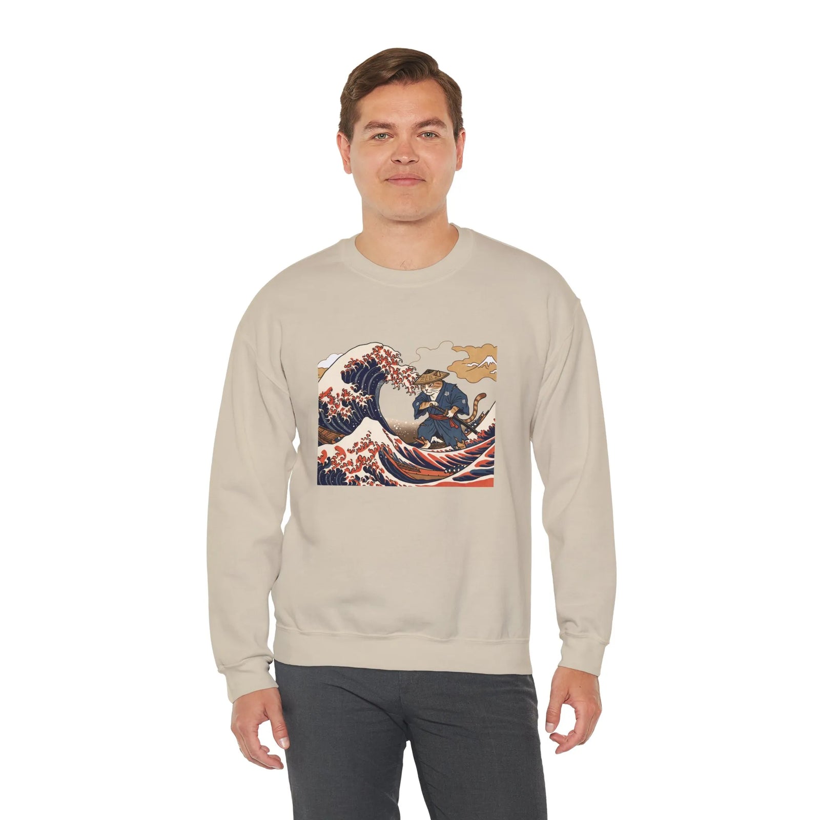 Ukiyo-e Samurai Cat Great Wave Sweatshirt - Heavy Blend Cotton Blend Crewneck - Unisex White