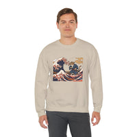 Ukiyo-e Samurai Cat Great Wave Sweatshirt - Heavy Blend Cotton Blend Crewneck - Unisex White