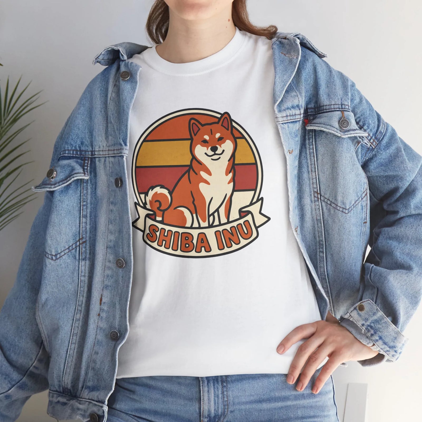 Shiba Inu Retro Sunset Graphic T-Shirt - Heavyweight Cotton Classic Fit - Unisex White